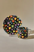 Karaca Black Love 2 Kişilik Yuvarlak ve Kalp Desenli Kahve Fincanı 80 ml - 1