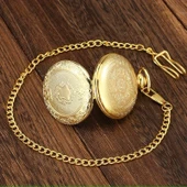 Gold Oymalı Desenli Lüx Zincirli Köstekli Cep Saati SL10720 - 3