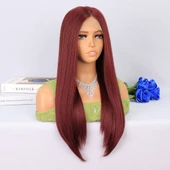 Koyu Kızıl Orta Boy Düz Tül Peruk thumbnail 2