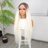 Afro Dalga Kumral Beyaz Platin Ombre Fiber Sentetik Tül Peruk thumbnail 3