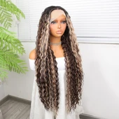 Afro Dalga Doğal Çikolata Kahve Ombreli Işıltılı Fiber Sentetik Tül Peruk - 2