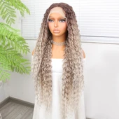 Afro Dalga Rus Kumralı Beyaz Platin Ombreli Işıltılı Fiber Sentetik Tül Peruk thumbnail 3