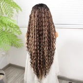 Afro Dalga Doğal Çikolata Kahve Ombreli Işıltılı Fiber Sentetik Tül Peruk - 4