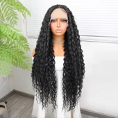 Afro Dalga Siyah Fiber Sentetik Tül Peruk - 1