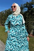 Su Desenli Elbise Turkuaz - 2