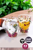Tilbe Home 2'li Çift Cidarlı Flower Cup 250ml Çiçekli Bardak Kahve Çay Bardağı El Yapımı Cam Bardak Seti - 1