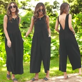 Keten Yazlık Günlük Sırt Dekolteli Salaş Kadın Tulum - 2