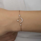 925 Ayar Gümüş Rose Ay Yıldız Kadın Bileklik - 3