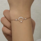 925 Ayar Gümüş Rose Ay Yıldız Kadın Bileklik - 4
