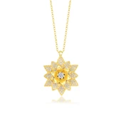 925 Ayar Gümüş Gold Beyaz Taşlı Lotus Çiçeği Kadın Kolye - 1