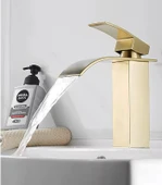 LAVABO BATARYASI MAT GOLD ŞELALE KARE GÖVDE EĞİMLİ HAVZA BANYO ARMATÜR ÇİFT GİRİŞ MUSLUK LÜKS ERGONOMİK - 1