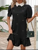 Kadın Kısa Kollu Yakalı Inci Detaylı Kısa Ithal Krep Elbise - 2