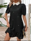 Kadın Kısa Kollu Yakalı Inci Detaylı Kısa Ithal Krep Elbise - 3