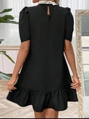 Kadın Kısa Kollu Yakalı Inci Detaylı Kısa Ithal Krep Elbise - 5