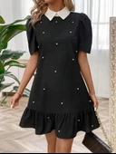 Kadın Kısa Kollu Yakalı Inci Detaylı Kısa Ithal Krep Elbise - 1