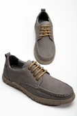 Hakiki Deri Nubuk Erkek Günlük Ayakkabı Gri Saraçlı Kısa Bağlı thumbnail 1