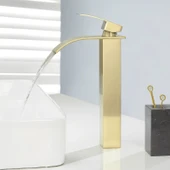 MAT GOLD ÇANAK LAVABO BATARYASI OVAL ÇIKIŞ YÜKSEK HAVZA MODEL UZUN ÇİFT GİRİŞ ALTIN MUSLUK BANYO - 1