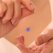 Vaoov 925 Ayar Gümüş Mor Kristal Taşlı Lotus Kolye - 1
