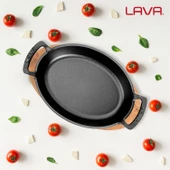 Lava Döküm Oval Sahan Döküm Demir Yekpare Çift Kulplu Kayın Servis Ahşabı Ölçü 23x17cm.  Kırmızı thumbnail 7