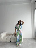 YEŞİL BÜYÜK ÇİÇEK DESEN SATEN GÖMLEK-PANTOLON TAKIM - Yeşil - 4