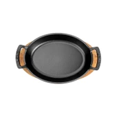 Lava Döküm Oval Sahan Döküm Demir Yekpare Çift Kulplu Kayın Servis Ahşabı Ölçü 23x17cm.  Kırmızı thumbnail 3