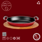 Lava Döküm Oval Sahan Döküm Demir Yekpare Çift Kulplu Kayın Servis Ahşabı Ölçü 23x17cm.  Kırmızı thumbnail 4