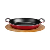 Lava Döküm Oval Sahan Döküm Demir Yekpare Çift Kulplu Kayın Servis Ahşabı Ölçü 23x17cm.  Kırmızı thumbnail 1