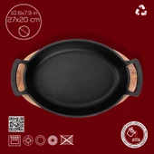 Lava Döküm Oval Sahan Döküm Demir Yekpare Çift Kulplu Kayın Servis Ahşabı Ölçü 27x20cm.  Kırmızı thumbnail 5