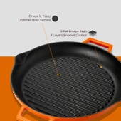 Lava Döküm Yuvarlak Izgara Tavası Döküm Demir Yekpare Çift Kulplu Çap(Ø)26cm.  Turuncu thumbnail 6