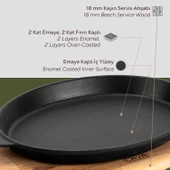 Lava Döküm Oval Fajita Tabağı Döküm Demir Yekpare Çift Kulplu Kayın Servis Ahşabı Ölçü 18x24cm. thumbnail 4