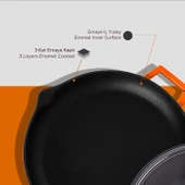 Lava Döküm Yuvarlak Kızartma Tavası Cam Kapaklı Döküm Demir Yekpare Çift Kulplu Çap(Ø)30cm.  Turuncu thumbnail 4