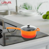 Lava Döküm Yuvarlak Sos Tenceresi Cam kapaklı, Metal Saplı. Glaze Serisi Çap(Ø16 cm.  Turuncu thumbnail 7