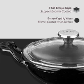 Lava Döküm Mini Wok Yekpare Kulplu Cam Kapaklı Çap(Ø)16cm.  Siyah - 5