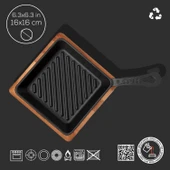 Lava Döküm Mini Kare Izgara Tava Kayın Ahşap Altlıklı Döküm Demir Yekpare Saplı Ölçü 16x16cm. thumbnail 4