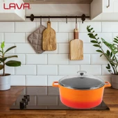 Lava Döküm Yuvarlak Tencere Cam kapaklı. Glaze Çap(Ø)28cm.  Turuncu thumbnail 7