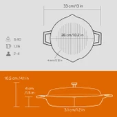 Lava Döküm Yuvarlak Izgara Tavası Cam Kapaklı Döküm Demir Yekpare Çift Kulplu Çap(Ø)26cm.  Turuncu thumbnail 3