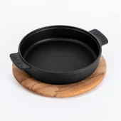 Lava Döküm Yuvarlak Güveç Kabı Döküm Demir Yekpare Çift Kulplu Kayın Servis Ahşabı Çap(Ø)14cm. - 1