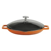 Lava Döküm Yuvarlak Kızartma Tavası Cam Kapaklı Döküm Demir Yekpare Çift Kulplu Çap(Ø)30cm.  Turuncu thumbnail 1
