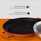 Lava Döküm Yuvarlak Izgara Tavası Cam Kapaklı Döküm Demir Yekpare Çift Kulplu Çap(Ø)26cm.  Turuncu thumbnail 4