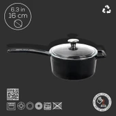 Lava Döküm Yuvarlak Sos Tenceresi Cam kapaklı, Metal Saplı. Glaze Serisi Çap(Ø16 cm.  Siyah thumbnail 4