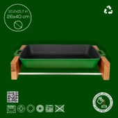 Lava Döküm Dikdörtgen Rosto ve Fırın Tepsisi Kayın Servis Ahşabı Döküm Demir Yekpare Çift Kulplu Ölçü 26x40cm.  Yeşil - 3