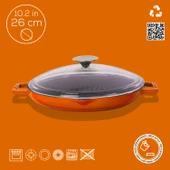 Lava Döküm Yuvarlak Izgara Tavası Cam Kapaklı Döküm Demir Yekpare Çift Kulplu Çap(Ø)26cm.  Turuncu thumbnail 2