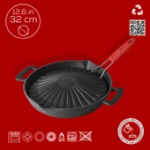 Lava Döküm Yuvarlak Grill Izgara Tavası Genghis Khan Serisi Çift Kulp ve Silikon Tel Saplı Çap(Ø)32cm. thumbnail 4