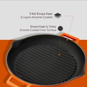 Lava Döküm Yuvarlak Izgara Tavası Döküm Demir Yekpare Çift Kulplu Çap(Ø)30cm.  Turuncu thumbnail 6