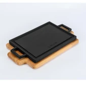 Lava Döküm Dikdörtgen Çift Yön Izgara ve Düz Yüzey Hot Plate Kayın Servis Ahşabı Ölçü 22x15cm. - 2