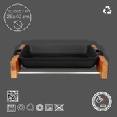 Lava Döküm Dikdörtgen Rosto ve Fırın Tepsisi Kayın Servis Ahşabı Döküm Demir Yekpare Çift Kulplu Ölçü 26x40cm. Siyah - 3