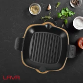 Lava Döküm Izgara Tavası Kayın Servis Ahşabı Döküm Demir Yekpare Çift Kulplu Ölçü 26x26cm. thumbnail 5