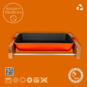 Lava Döküm Dikdörtgen Rosto ve Fırın Tepsisi Kayın Servis Ahşabı Döküm Demir Yekpare Çift Kulplu Ölçü 22x30cm.  Turuncu - 4