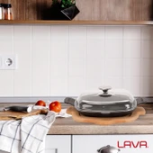 Lava Döküm Kızartma Tavası Cam Kapak Kayın Servis Ahşabı Döküm Demir Yekpare Çift Kulplu Ölçü 26x26cm. thumbnail 5