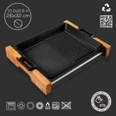 Lava Döküm Dikdörtgen Hibrit Izgara Tavası Kayın Servis Ahşabı Döküm Demir Yekpare Çift Kulplu Ölçü 26x32cm. thumbnail 4